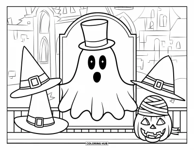 Coloriage de fantômes pour enfants : Un fantôme avec un haut-de-forme choisit parmi des chapeaux d'Halloween dans un château gothique