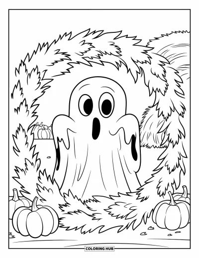 Coloriage de fantômes pour enfants : Un fantôme en chemise déchirée regarde à travers des feuilles près de citrouilles et d'une botte de foin