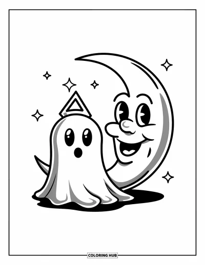 Coloriage de fantômes pour enfants : Un fantôme avec un chapeau triangulaire est assis près d'une lune souriante entourée d'étoiles