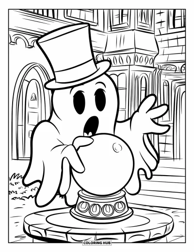 Coloriage de fantômes pour enfants : Un fantôme en smoking tient une boule de cristal à côté d'un manoir hanté aux fenêtres en arche