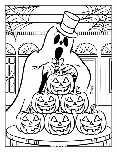 Coloriage de fantômes pour enfants : Un fantôme en smoking empile des citrouilles sculptées près d'un manoir hanté