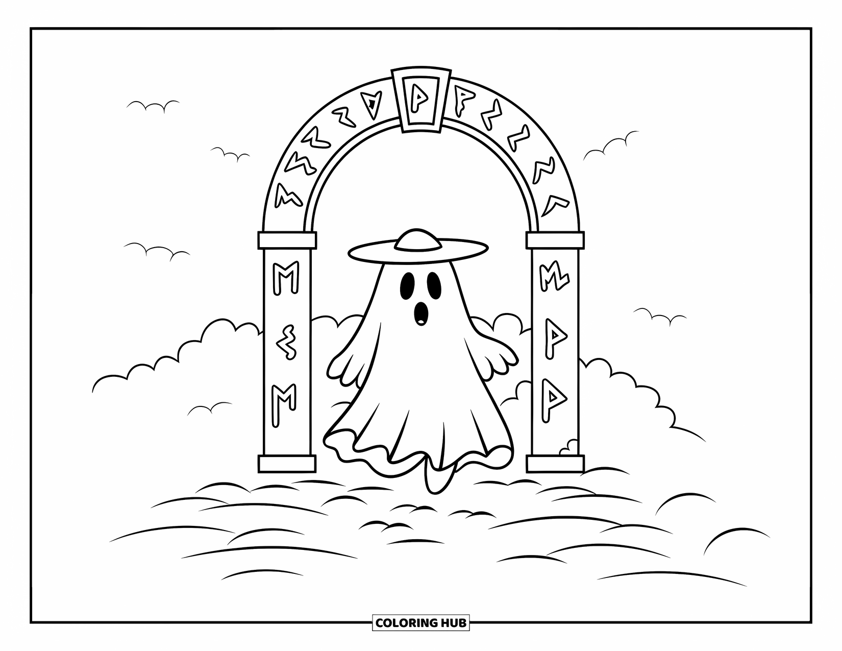 Ghost Coloring Page for Kids: A ghost in a wide hat walks through a foggy arch under glowing runes