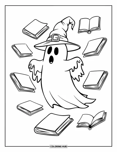 Coloriage de fantômes pour enfants : Un fantôme avec un chapeau de sorcier flotte parmi des livres en l'air