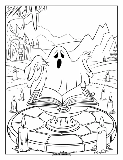 Coloriage de fantômes pour enfants : Un fantôme en robes lance un sort près de montagnes et d'un château au loin