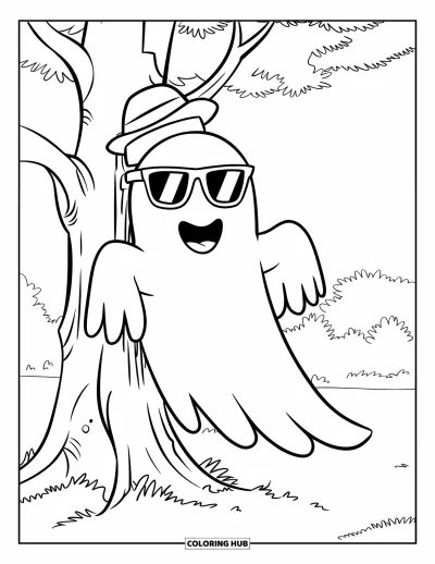 Coloriage de fantômes pour enfants : Un fantôme avec des lunettes de soleil s'appuie contre un arbre dans un espace herbeux