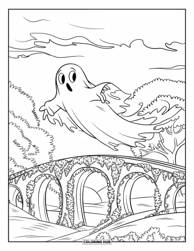 Coloriage de fantômes pour enfants : Un fantôme en habits en lambeaux glisse sur un pont en arc sous un ciel nuageux