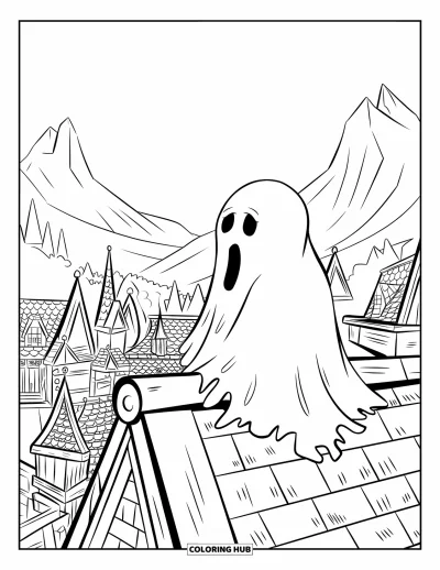 Coloriage de fantômes pour enfants : Un fantôme en lambeaux se repose sur un toit en contemplant des toits brumeux et des montagnes