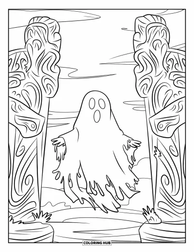 Coloriage de fantômes pour enfants : Un fantôme en lambeaux se tient entre des statues sous un ciel nuageux