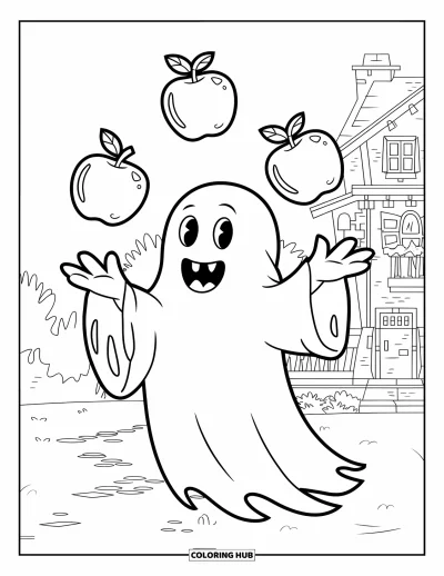 Coloriage de fantômes pour enfants : Un fantôme jongle avec des pommes d'amour devant une maison hantée entourée d'arbres
