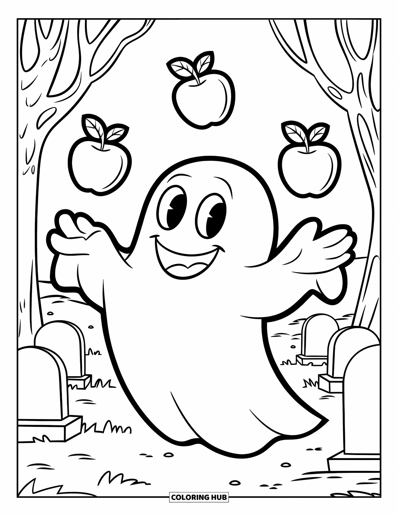Ghost Coloring Page for Kids: A ghost juggles candy apples with a big grin in a spooky cemetery