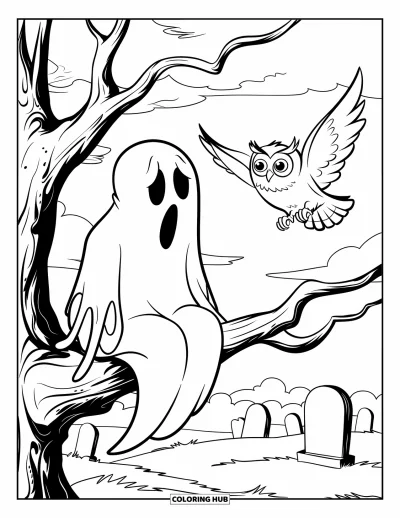 Coloriage de fantômes pour enfants : Un fantôme sur une branche d'arbre observe une chouette voler au-dessus de pierres tombales dans un cimetière