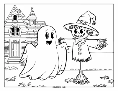 Coloriage de fantômes pour enfants : Un fantôme pose à côté d'un épouvantail souriant près d'une maison hantée aux nombreuses fenêtres