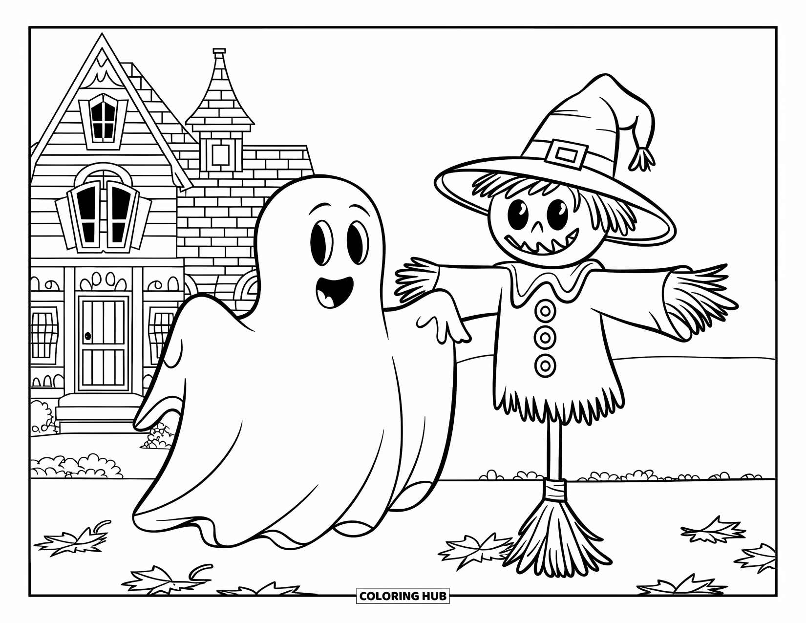 Ghost Coloring Page for Kids: A ghost poses beside a smiling scarecrow near a haunted house with many windows