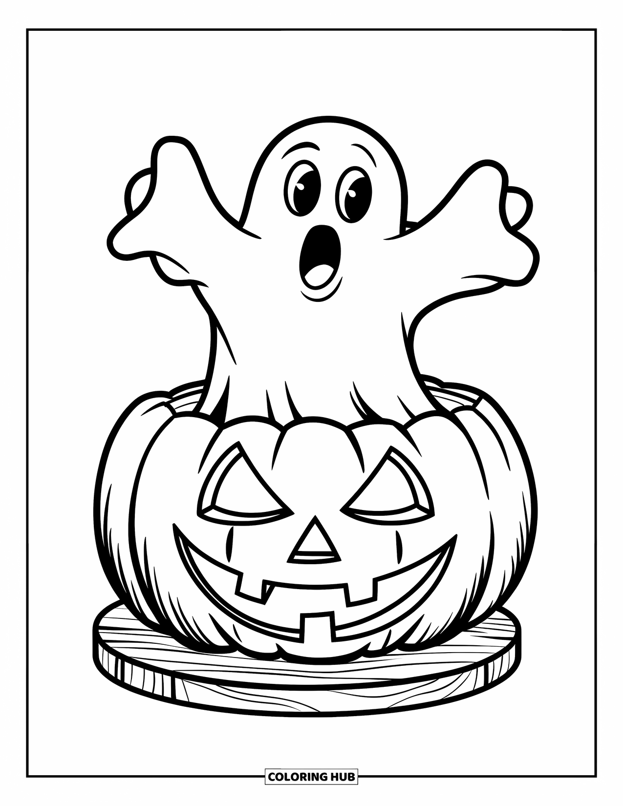 Ghost Coloring Page for Kids: A ghost raises its arms while popping from a jack-o'-lantern on a wooden base