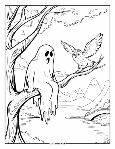 Coloriage de fantômes pour enfants : Un fantôme assis sur une branche observe une chouette près de montagnes, d'eau et d'un pont