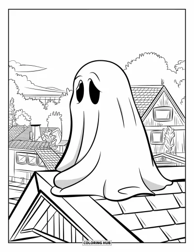 Coloriage de fantômes pour enfants : Un fantôme assis sur un toit observe tranquillement la ville en dessous