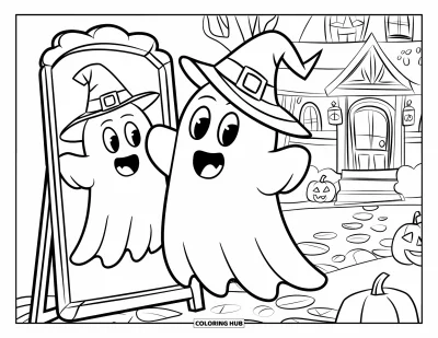 Coloriage de fantômes pour enfants : Un fantôme devant un miroir choisit parmi des chapeaux d'Halloween amusants près de citrouilles
