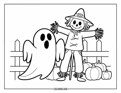 Coloriage de fantômes pour enfants : Un fantôme se tient près de son épouvantail à côté d'une clôture dans un champ de citrouilles