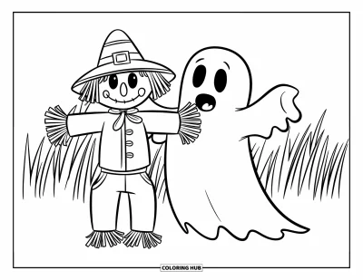 Coloriage de fantômes pour enfants : Un fantôme se tient fièrement à côté d'un épouvantail dans un champ paisible