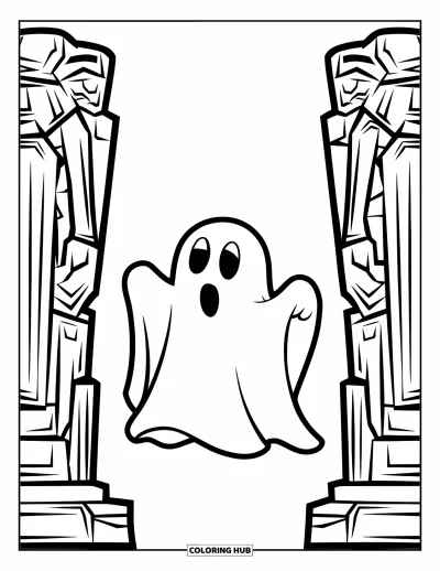 Coloriage de fantômes pour enfants : Un fantôme se tient silencieusement entre deux grandes statues sculptées