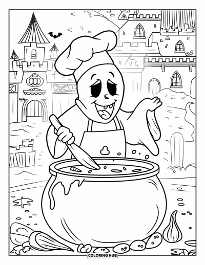 Coloriage de fantômes pour enfants : Un fantôme remue un chaudron bouillonnant devant un château hanté