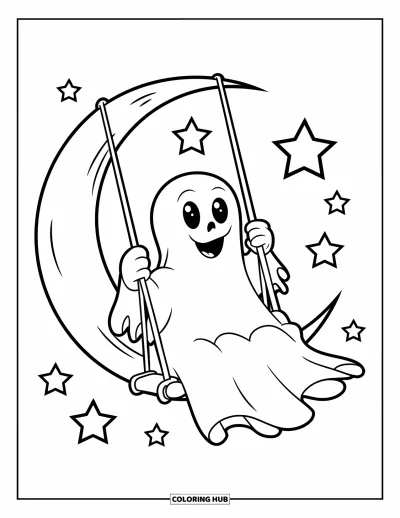 Coloriage de fantômes pour enfants : Un fantôme se balance depuis un croissant de lune sous un ciel étoilé