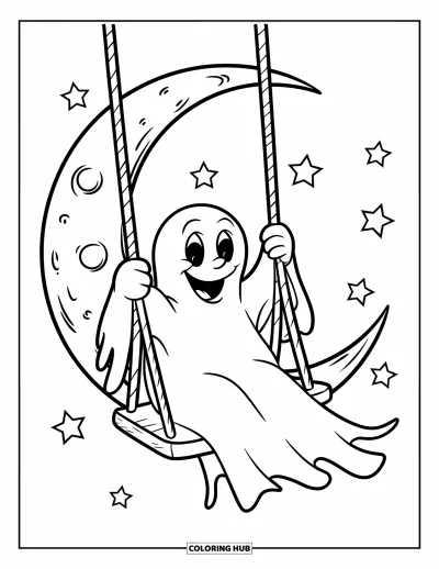 Coloriage de fantômes pour enfants : Un fantôme se balance joyeusement depuis une lune cratérisée entourée d'étoiles scintillantes