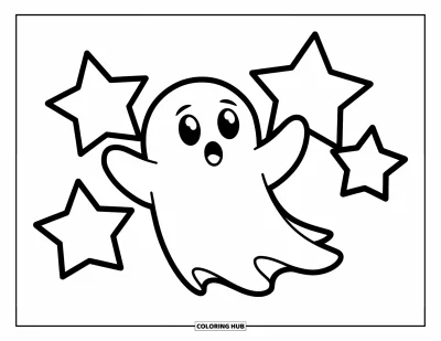 Coloriage de fantômes pour enfants : Un fantôme fait signe près de trois grandes étoiles sur un fond clair