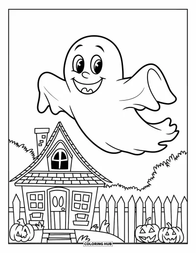 Coloriage de fantômes pour enfants : Un fantôme avec un grand sourire et un chapeau vole au-dessus d'une maison avec des citrouilles et une clôture