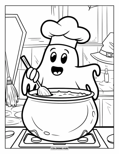 Coloriage de fantômes pour enfants : Un fantôme avec un chapeau de chef cuisine dans une cuisine hantée près d'un balai et d'un cercueil