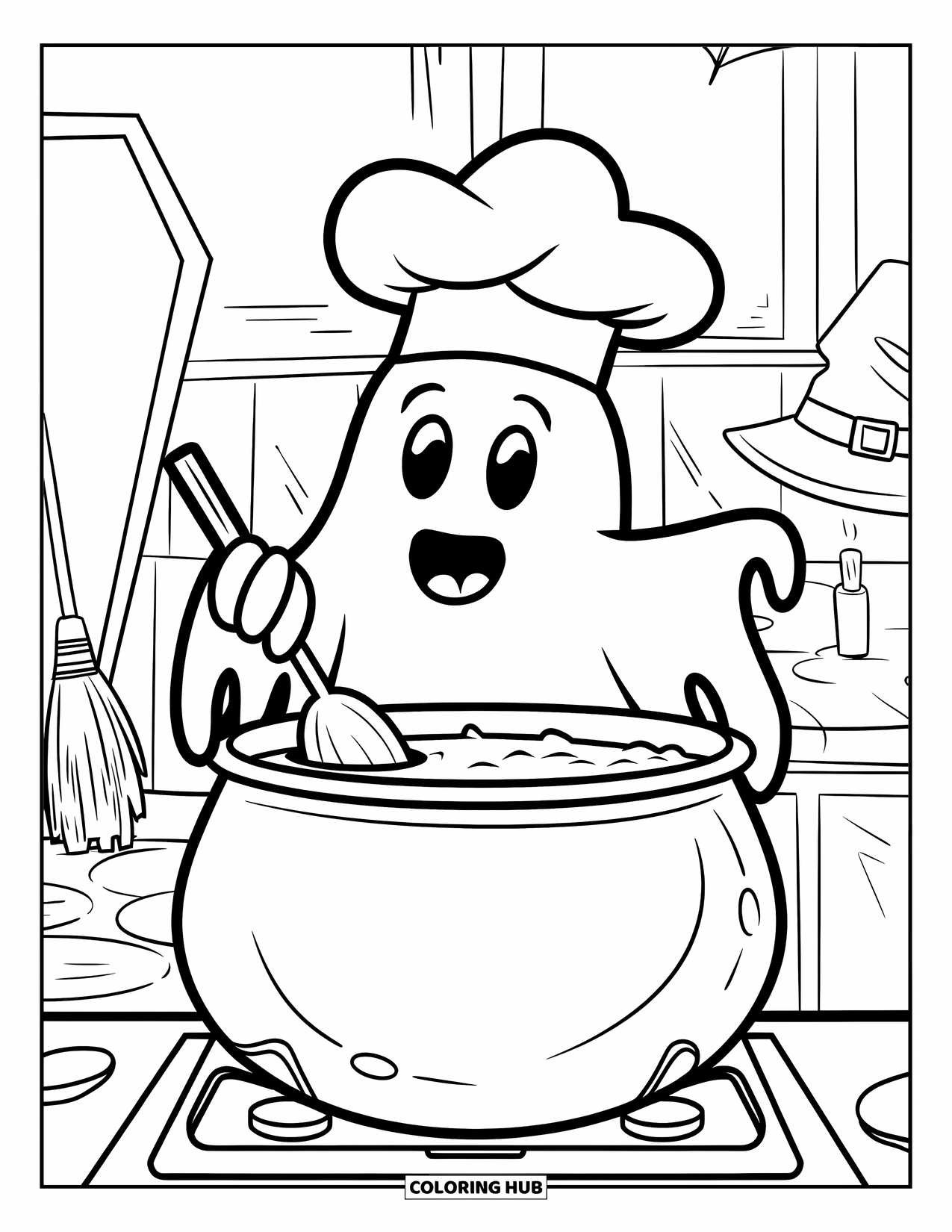 Ghost Coloring Page for Kids: A ghost with a chef's hat cooks in a haunted kitchen near a broom and coffin