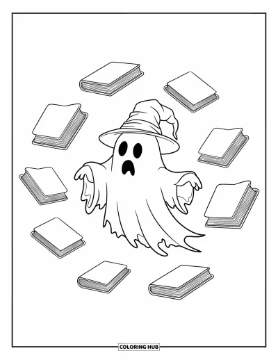 Coloriage de fantômes pour enfants : Un fantôme avec un trou dans la tête flotte tandis que des livres tourbillonnent autour de lui