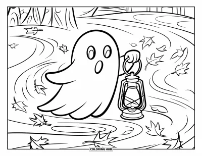 Coloriage de fantômes pour enfants : Un fantôme avec une lanterne se promène sur un chemin automnal venté près d'une maison tranquille