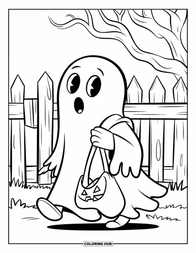 Coloriage de fantômes pour enfants : Un fantôme avec un sac de friandises passe devant une clôture et un arbre tordus