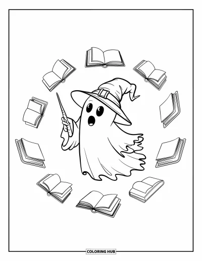 Coloriage de fantômes pour enfants : Un fantôme avec une baguette magique flotte dans un cercle de livres, certains ouverts en l'air