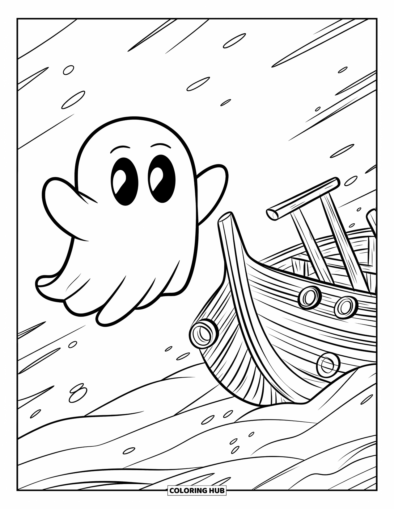 Ghost Coloring Page for Kids: A ghost with big eyes floats past a broken shipwreck in a quiet ocean scene