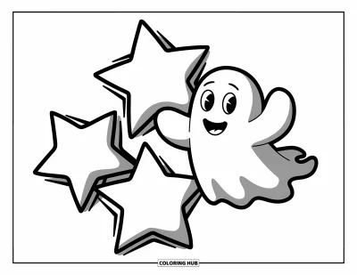 Coloriage de fantômes pour enfants : Un fantôme avec de longs bras fait signe près d'étoiles brillantes dans un ciel tranquille