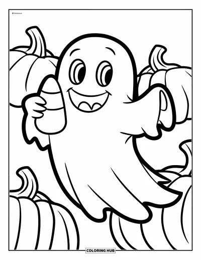 Coloriage de fantômes pour enfants : Un fantôme souriant flotte avec un bonbon en forme de maïs, des citrouilles derrière lui