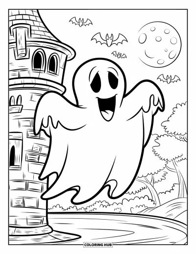 Coloriage de fantômes pour enfants : Un fantôme heureux s'accroche à une tour penchée tandis que des chauves-souris volent sous une pleine lune