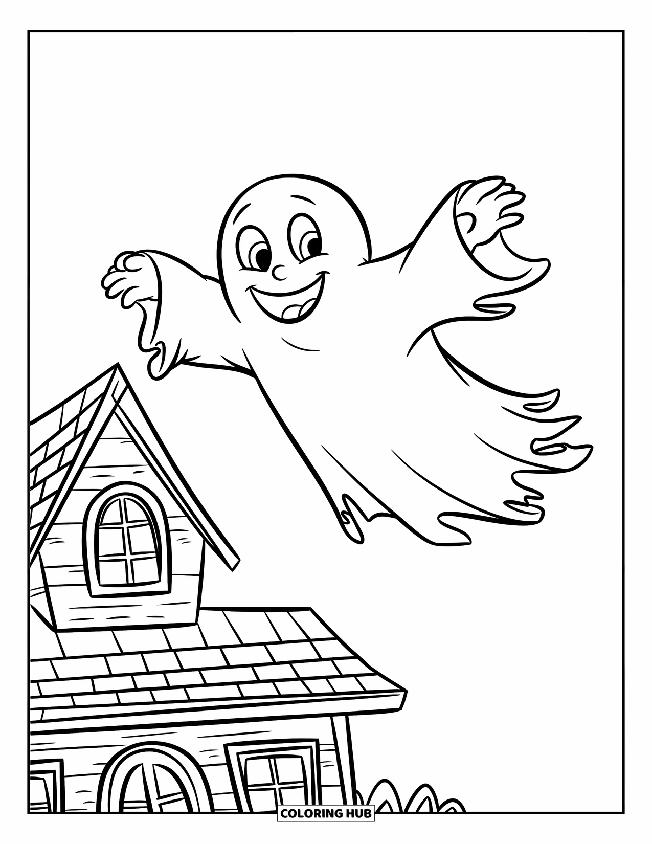 Ghost Coloring Page for Kids: A happy ghost in tatters floats above a haunted house with a pointed roof