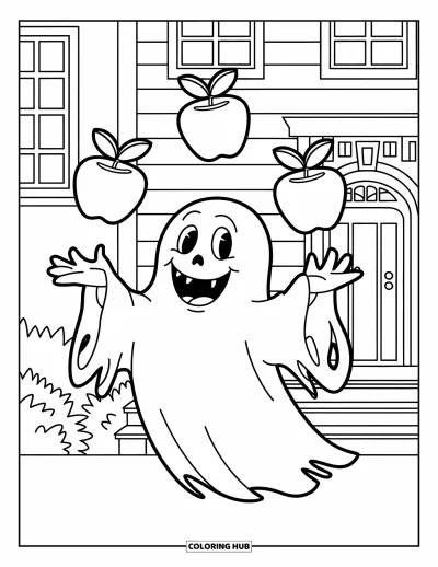 Coloriage de fantômes pour enfants : Un fantôme heureux en lambeaux jongle avec des pommes d'amour près d'une maison hantée