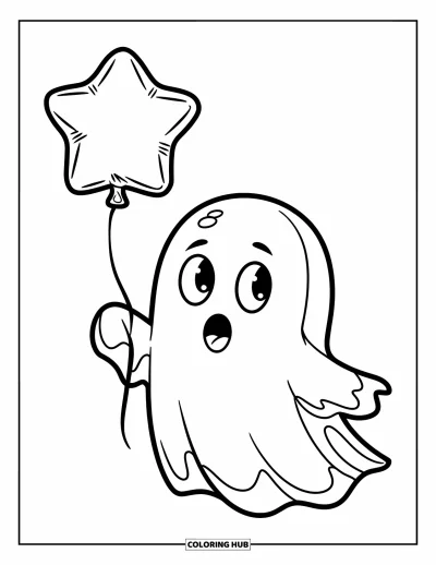 Coloriage de fantômes pour enfants : Un fantôme rond en chemise rayée tient un ballon en forme d'étoile avec un grand sourire