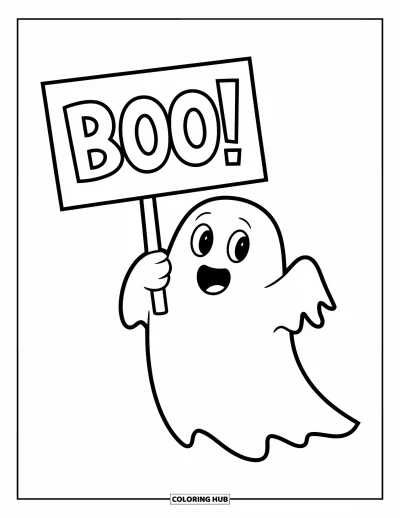 Coloriage de fantômes pour enfants : Un fantôme rond avec de longs bras tient un panneau « Boo !» plein d'entrain