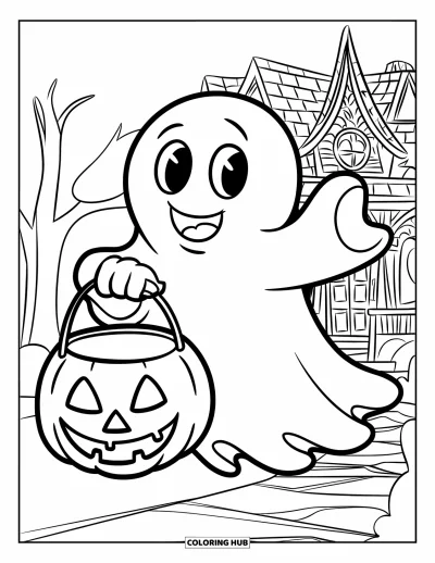 Coloriage de fantômes pour enfants : Un fantôme souriant flotte avec un seau en forme de citrouille près d'une maison entourée d'arbres