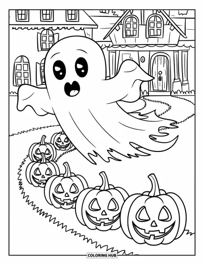 Coloriage de fantômes pour enfants : Un fantôme souriant glisse au-dessus de citrouilles le long d'un chemin sinueux près d'un manoir hanté