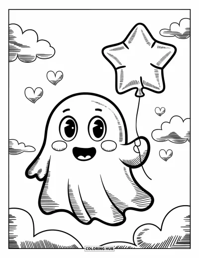 Coloriage de fantômes pour enfants : Un fantôme souriant tient un ballon en forme d'étoile tandis que des cœurs flottent dans le ciel