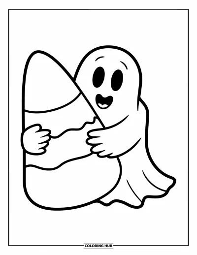 Coloriage de fantômes pour enfants : Un fantôme souriant serre dans ses bras un énorme bonbon en forme de maïs en portant une chemise rayée