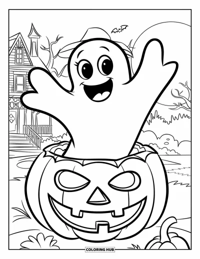 Coloriage de fantômes pour enfants : Un fantôme souriant avec un chapeau jaillit d'une citrouille près d'une maison hantée