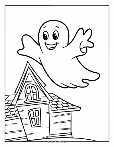 Coloriage de fantômes pour enfants : Un fantôme souriant en chemise rayée flotte au-dessus d'une petite maison hantée