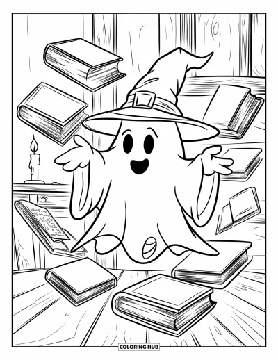 Coloriage de fantômes pour enfants : Un fantôme souriant avec un chapeau de sorcier flotte avec des livres dans une pièce éclairée aux bougies